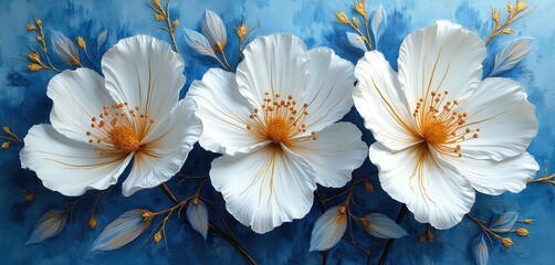 Abstract oil painting features white petals with golden lines, utilizing palette knife technique. Vivid blue background contrasts with white, gold floral elements, creating lively, textured artwork.