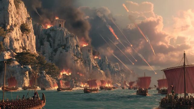 Epic Roman naval battle near a rocky coast, detailed triremes clashing, realistic water effects, fire arrows in the sky