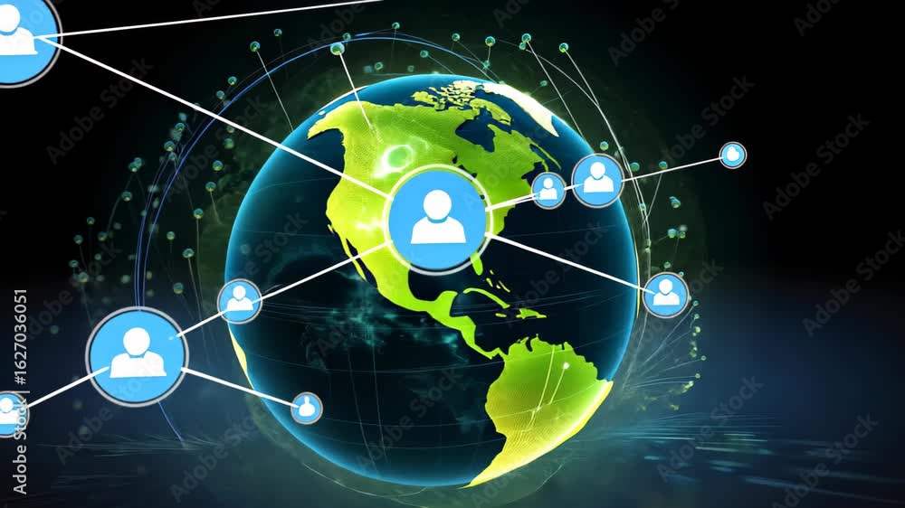 Poster global connections: illustrative depiction of a world map interconnected by nodes, representing worl