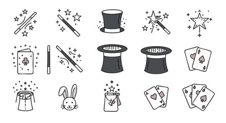Collection of simple line art magic icons, including wands, hats, cards, rabbits, and disappearing acts. © omar bonyan