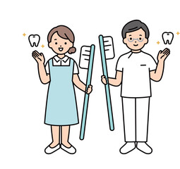 歯ブラシを持った歯科医師と歯科衛生士の全身イラスト　医療従事者