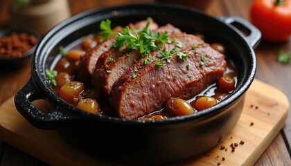 Slices of tender, slow-cooked sauerbraten rest in rich, savory sauce with small potatoes. Garnished with fresh parsley, classic German comfort food served in rustic ceramic pot, perfect for family