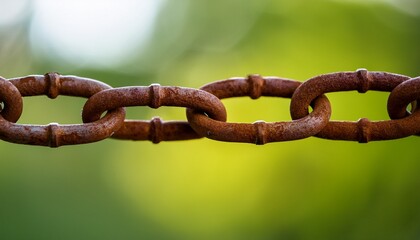 a rusted chain links together in a chain link fence with a blurred green background