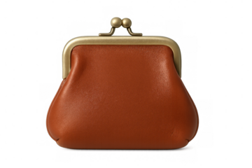 Compact brown leather coin purse featuring golden metal clasp, positioned on transparent backdrop for retail product imagery