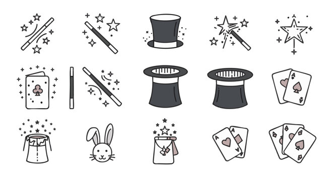 Collection of simple line art magic icons, including wands, hats, cards, rabbits, and disappearing acts.