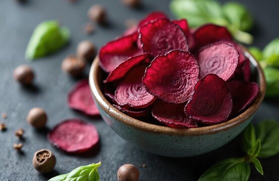 Bowl overflowing with crispy colorful beetroot chips, healthy vibrant vegetable snack. Delicious, crunchy, baked root slices offer organic nourishment, fiber. Perfect for low-calorie diets, savory