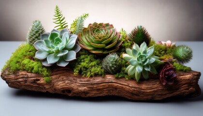 succulents and moss arranged on a driftwood piece