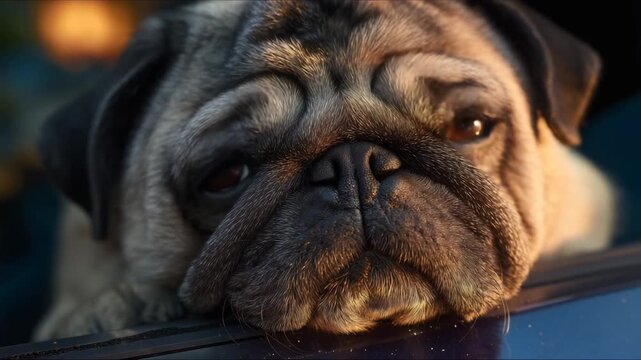 Melancholic pug extreme close-up showcasing soulful wrinkled face