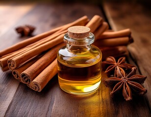 a container of essential oil accompanied by ceylon cinnamon sticks placed on a table