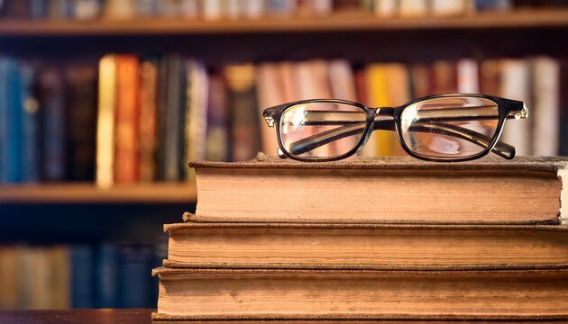 a pair of glasses resting on a stack of books in a library