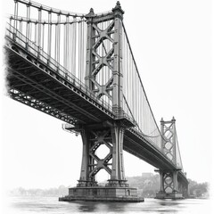 Fototapeta premium Architectural drawing features suspension bridge with monochrome design. Detailed illustration engineering structure, urban planning, infrastructure development over water. Perspective highlights