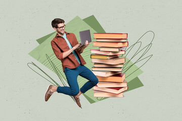 Creative pop poster sketch art collage of happy student guy jump surf laptop book stack education concept bookworm hobby reader library