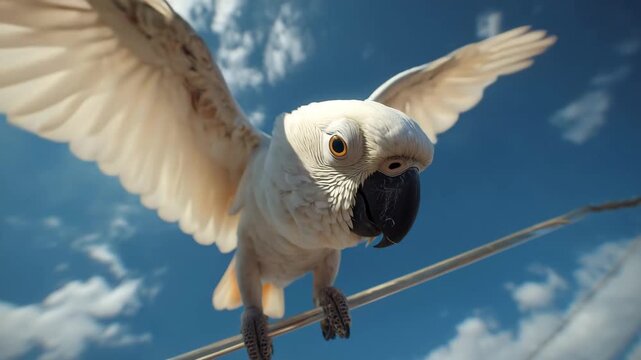  White cockatoo spreads wings playfully on perch beneath bright blue sky