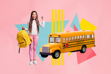 Banner image photo collage of happy schoolgirl hold backpack stand bus transport back to school education september autumn