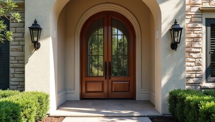 Fototapeta premium Elegant double entry doors crafted from warm wood, clear glass offer sophisticated architectural statement. Featuring mix of wood, glass panels, doors provide welcoming, stylish entrance to luxurious