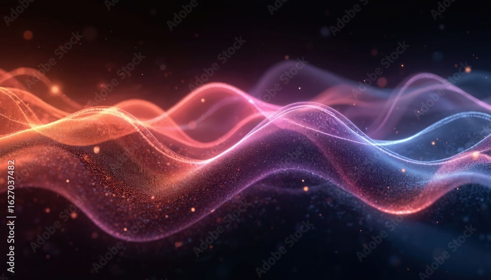 Poster abstract fluid shapes with vibrant red and blue light. dynamic wavy lines and particles create mesme