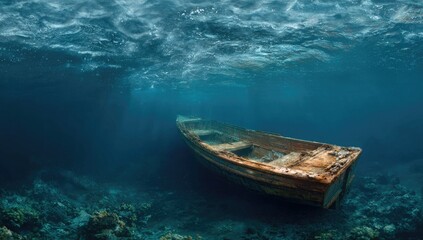 Fototapeta premium Sunken wooden boat in deep ocean