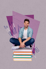 Exclusive pop vertical sketch art collage of happy student girl guy do homework book stack...