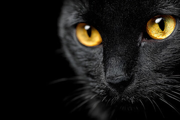 On a black background, a close up of a black cat reveals bright yellow eyes. Halloween and other horror themed themes. Take a good, long, panther and witchy look at yourself. Concepts of misfortune an