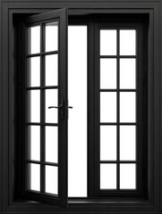 Black open window with divided panes