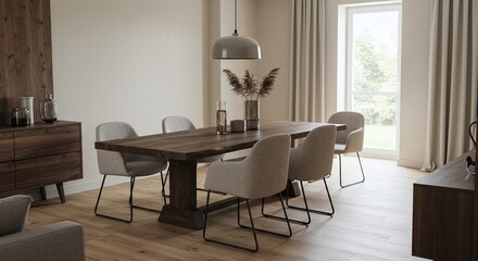 Elegant dining room showcasing a rustic live edge wooden table and modern upholstered chairs in a sunlit, minimalist interior design concept