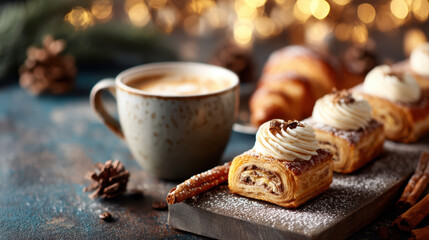 Fototapeta premium A cozy scene featuring a cup of coffee and delicious cinnamon rolls dusted with powdered sugar, set against a warm, festive background with pinecones and soft lights.