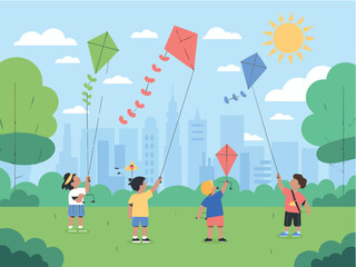Naklejka premium Clean and modern vector children flying kites in the park vector illustration for summer outdoor activity and fun childhood 100