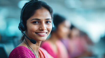 A smiling woman wearing a headset works in a call center environment, representing customer support or telecommunication services.