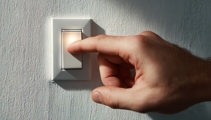 Adult's hand turning off the light switch on a white wall