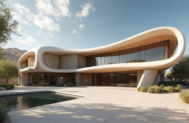 Fototapeta premium Modern desert campus features futuristic architecture with smooth, curved facades, expansive glass windows. Structure blends contemporary design with natural landscape, innovation in building