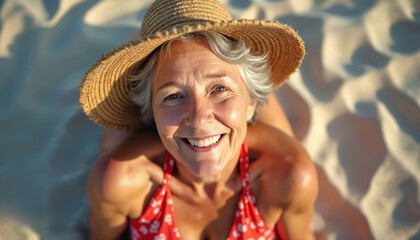 Smiling elderly woman with grey hair, sun hat enjoys beach day wearing red floral bikini. Relaxes under bright sun, looking happy, content. Sandy background blurs softly, emphasizing joyful