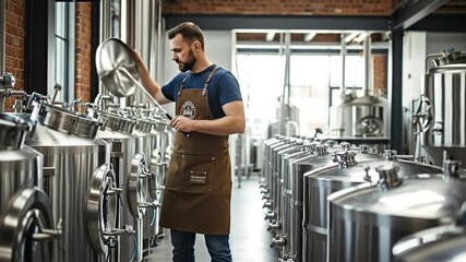 Male Brewer Inspecting Stainless Steel Fermentation Tanks in a Modern Craft Beer Brewery Production Facility - Powered by Adobe