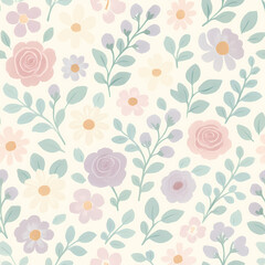 A charming seamless floral pattern with various pastel pink, purple, and cream flowers alongside soft green leaves, creating a gentle botanical background.