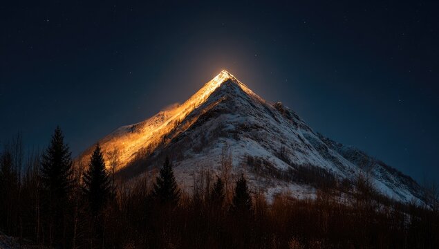 Night mountain peak, glowing summit, snowy - Powered by Adobe