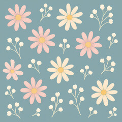 A charming pattern of pastel pink and cream daisy-like flowers with delicate white branches on a soft blue background.