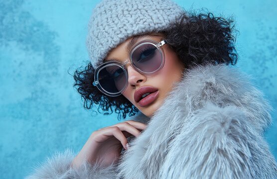 Stylish model wears fashionable winter attire including fur and sleek accessories