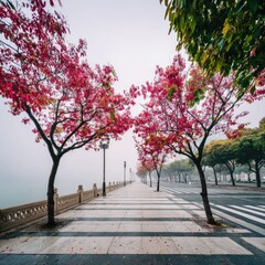 Naklejka premium Pink blossoms line a misty walkway