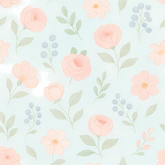 A gentle seamless pattern featuring delicate pink roses, small flowers, green leaves, and blue berries on a soft light blue background.