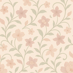 Elegant seamless pattern featuring delicate pink blossoms and intertwining green vines on a soft cream background.