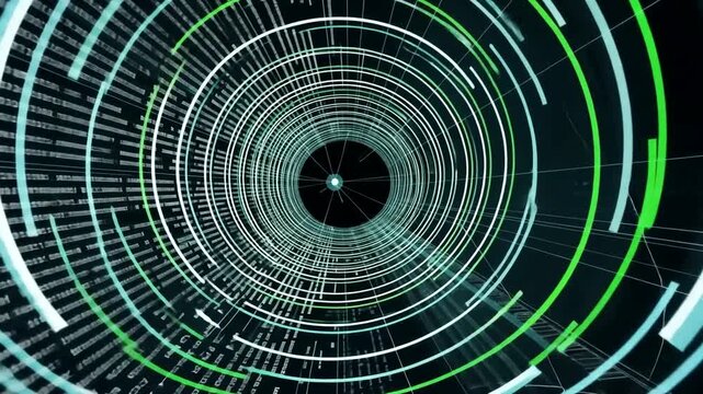 Abstract futuristic circular tunnel animation with data streams and binary code