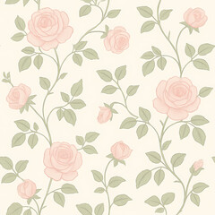 Seamless pattern of delicate pink roses with green leaves and winding stems on a light background.