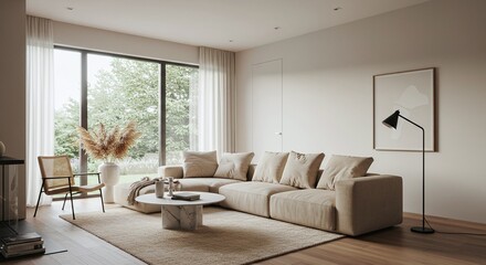 Fototapeta premium Elegant Japandi style living room featuring a plush beige sofa, marble coffee table, and a large window with a tranquil garden view. Concept of modern living.