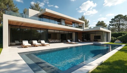 Fototapeta premium Modern luxury home with expansive pool, patio. Contemporary architecture features stone, concrete, glass elements. Estate boasts elegant design, manicured landscaping, ample outdoor living space for