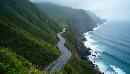 Scenic winding road navigates dramatic cliffside terrain overlooking vast ocean expanse. Lush green mountainside slopes meet rugged coastline. Driving adventure on remote highway.