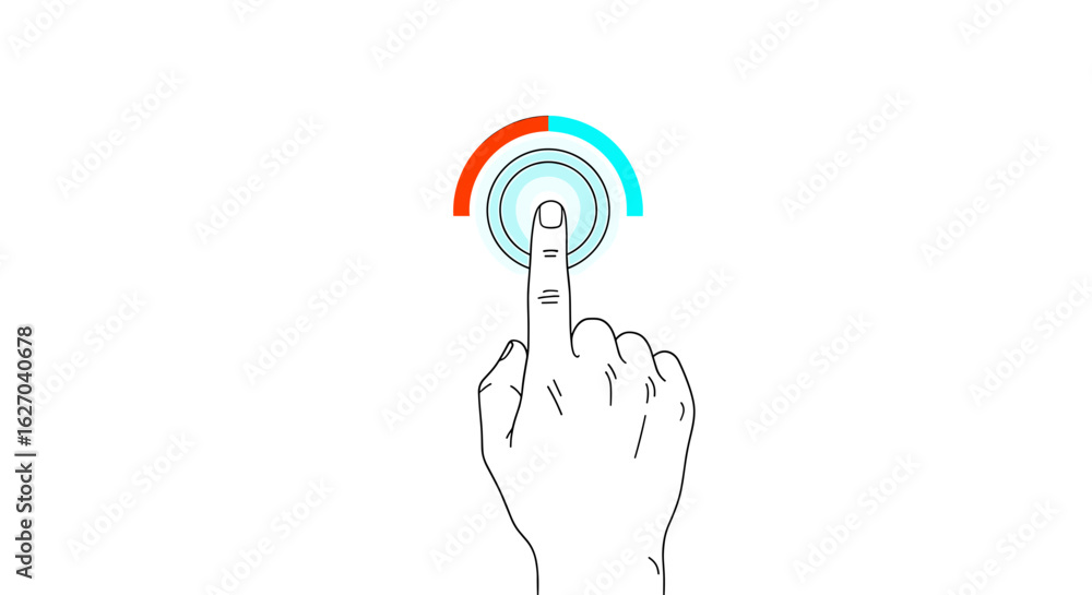 Poster finger touching a digital interface with a half red and half blue arc above it showing interaction
