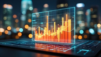 Analyzing Stock Market Data on Screen with Cityscape Bokeh Background