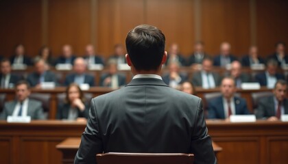 Man in suit testifies before government committee. Audience listens in legislative chamber. Focus on witness delivering speech. Represents law, justice, political debate and public service.