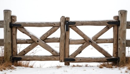 Rustic wooden gate with weathered appearance stands in snowy landscape. Two vertical posts, horizontal crossbar. Snow partially obscures gate, adding mystery. Serene wintery atmosphere with