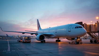 Aircraft at airport gate during twilight ground service operation. Ground crew vehicle connects to airplane for passenger boarding. Airline logistics workflow visible on tarmac with illuminated jet