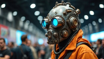 Steampunk helmet costume at comic con event. Intricate metal mask with glowing blue goggles, hoses. Unique sci-fi cosplay attire, intricate mechanical detail for futuristic or retro-futuristic themes.
